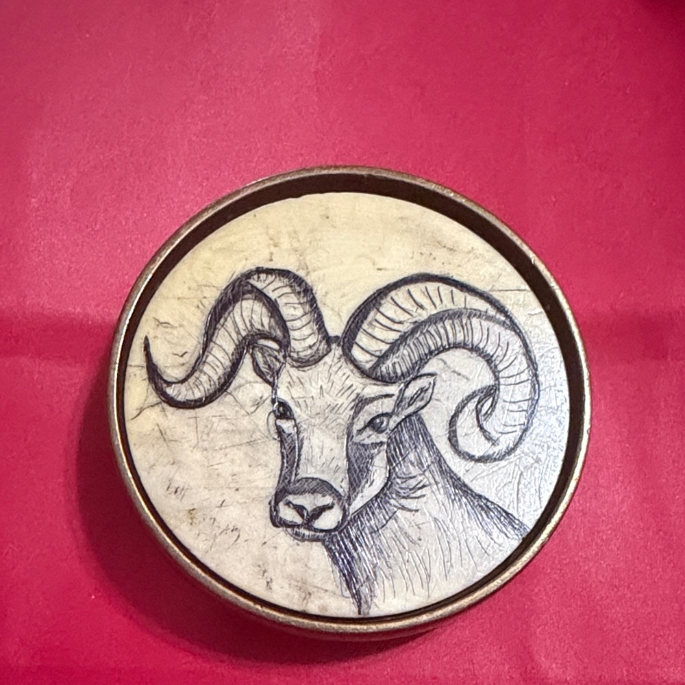 Vintage Ram Ivory scrimshaw with hand-carved ram illustration. BTS 1978 brass